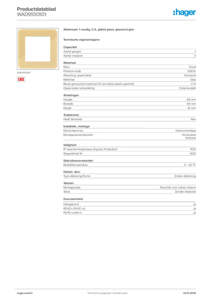 Afbeelding Hager Productdatablad WAD9100X01 | Hager Nederland