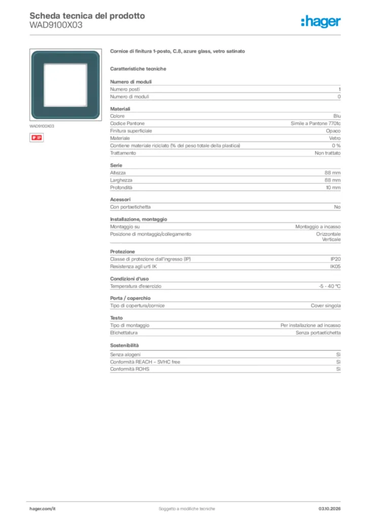 Immagine Hager Scheda tecnica del prodotto WAD9100X03 | Hager Italia
