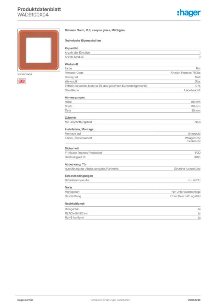 Bild Hager Produktdatenblatt WAD9100X04 | Hager Deutschland