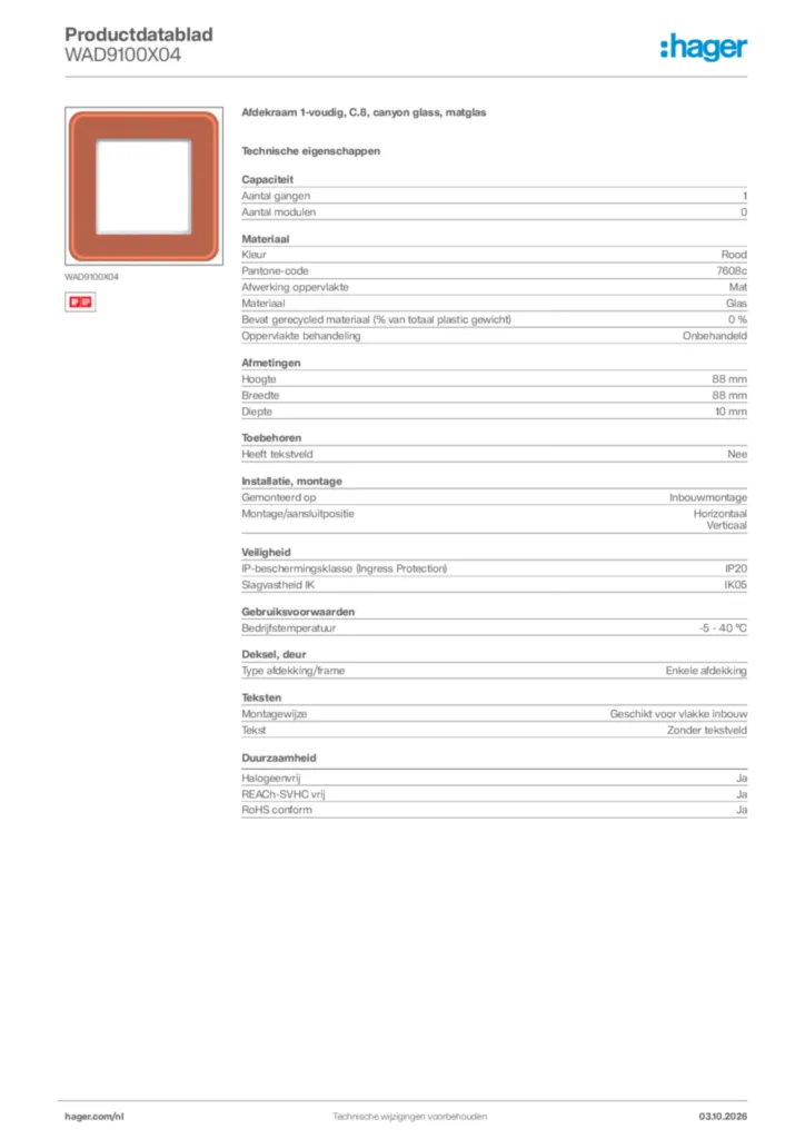 Afbeelding Hager Productdatablad WAD9100X04 | Hager Nederland