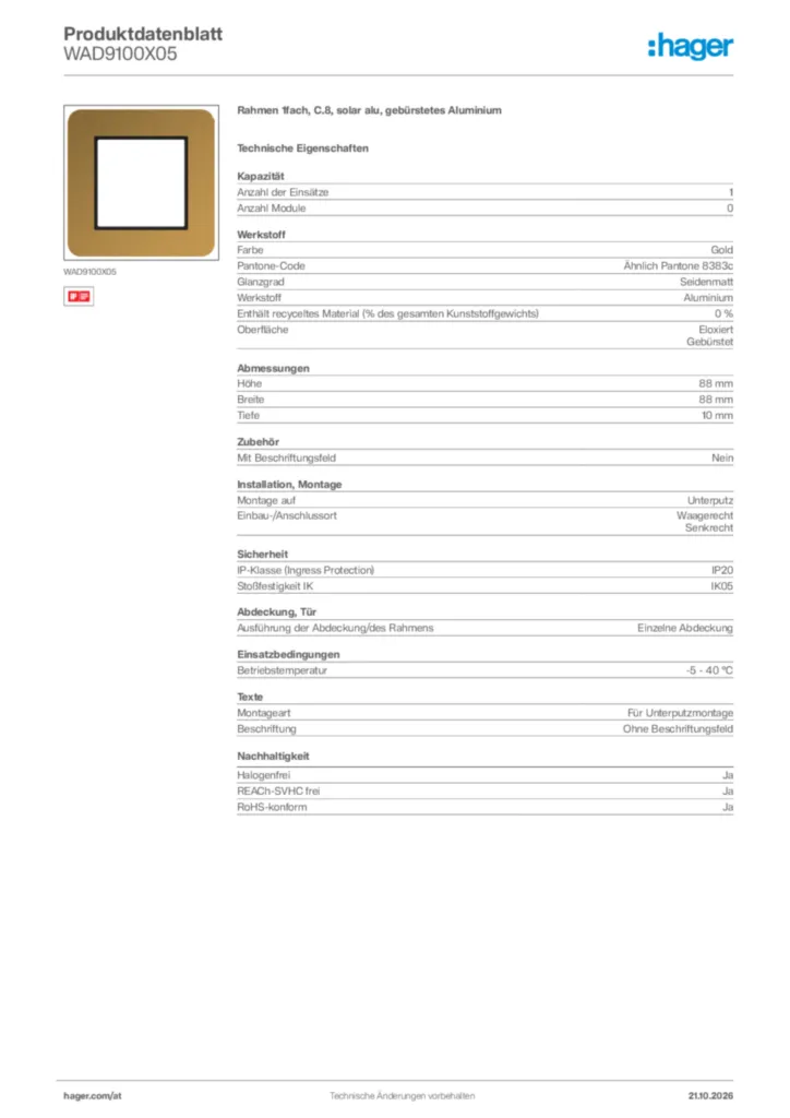 Bild Hager Produktdatenblatt WAD9100X05 | Hager Deutschland