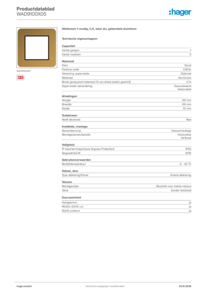 Afbeelding Hager Productdatablad WAD9100X05 | Hager Nederland