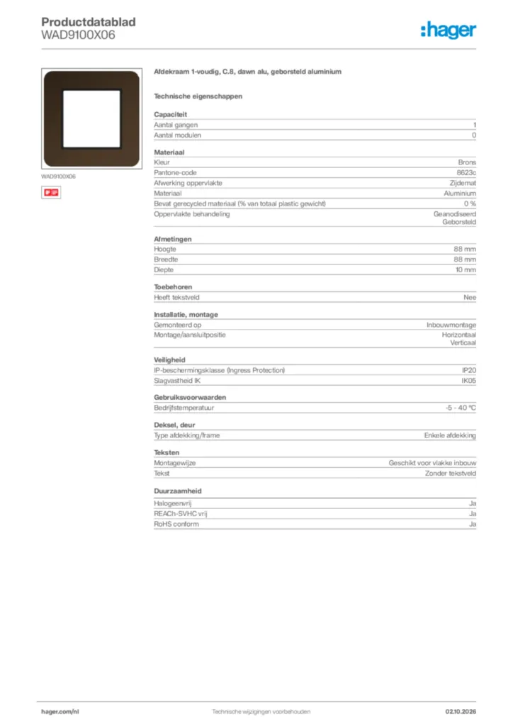 Afbeelding Hager Productdatablad WAD9100X06 | Hager Nederland