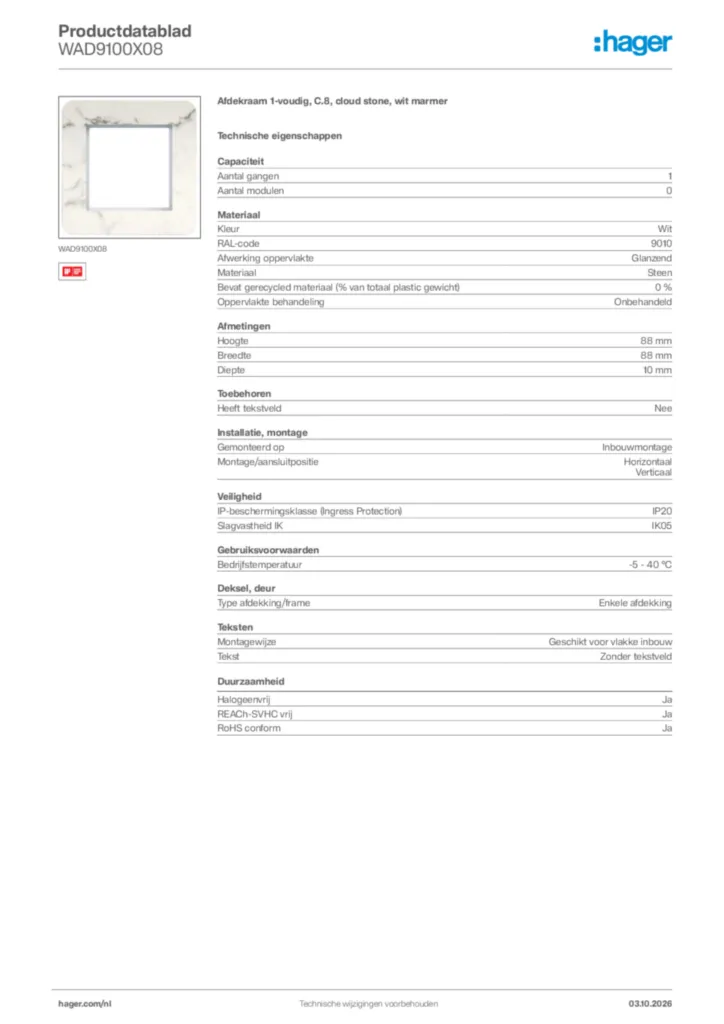 Afbeelding Hager Productdatablad WAD9100X08 | Hager Nederland