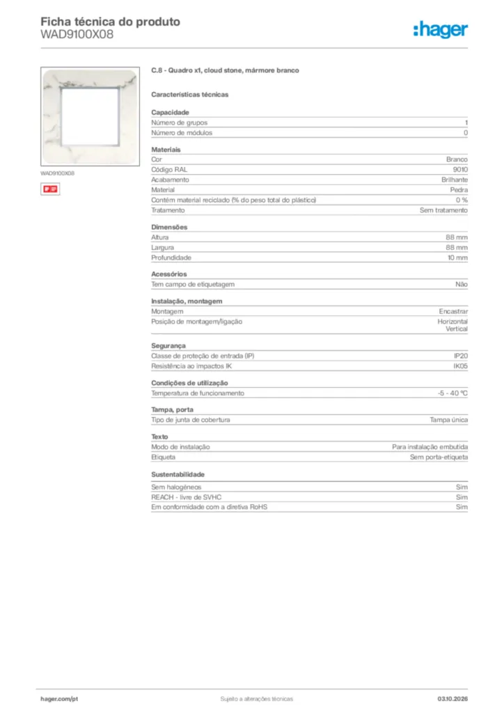 Imagem Hager Ficha técnica do produto WAD9100X08 | Hager Portugal