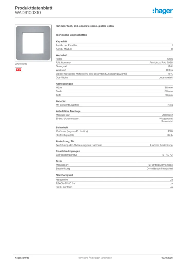 Bild Hager Produktdatenblatt WAD9100X10 | Hager Deutschland