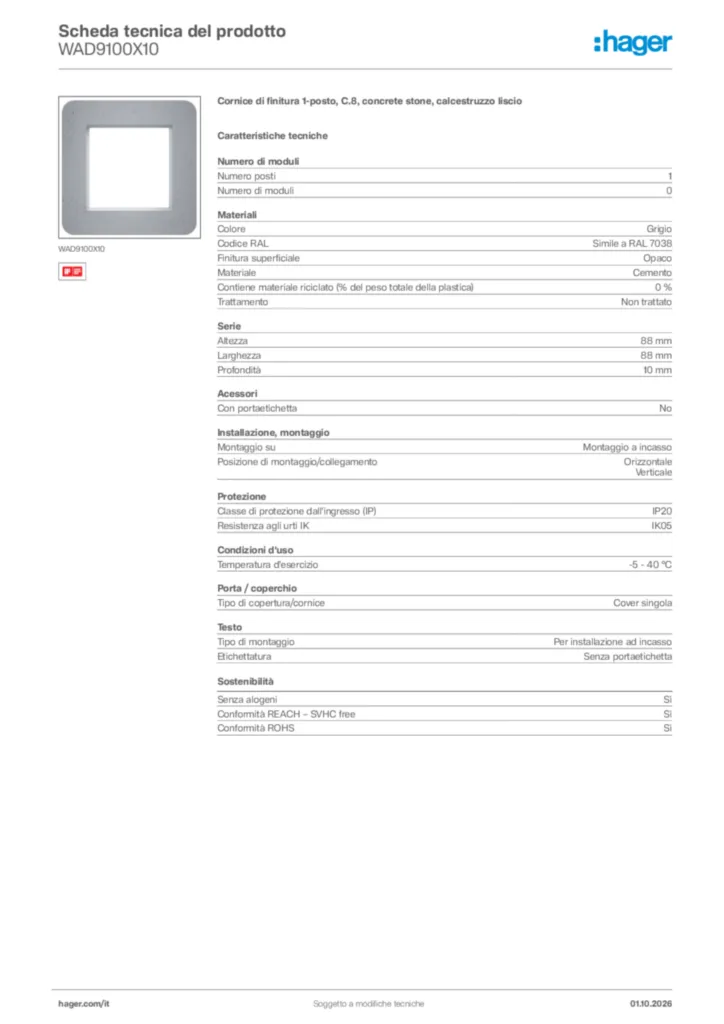 Immagine Hager Scheda tecnica del prodotto WAD9100X10 | Hager Italia