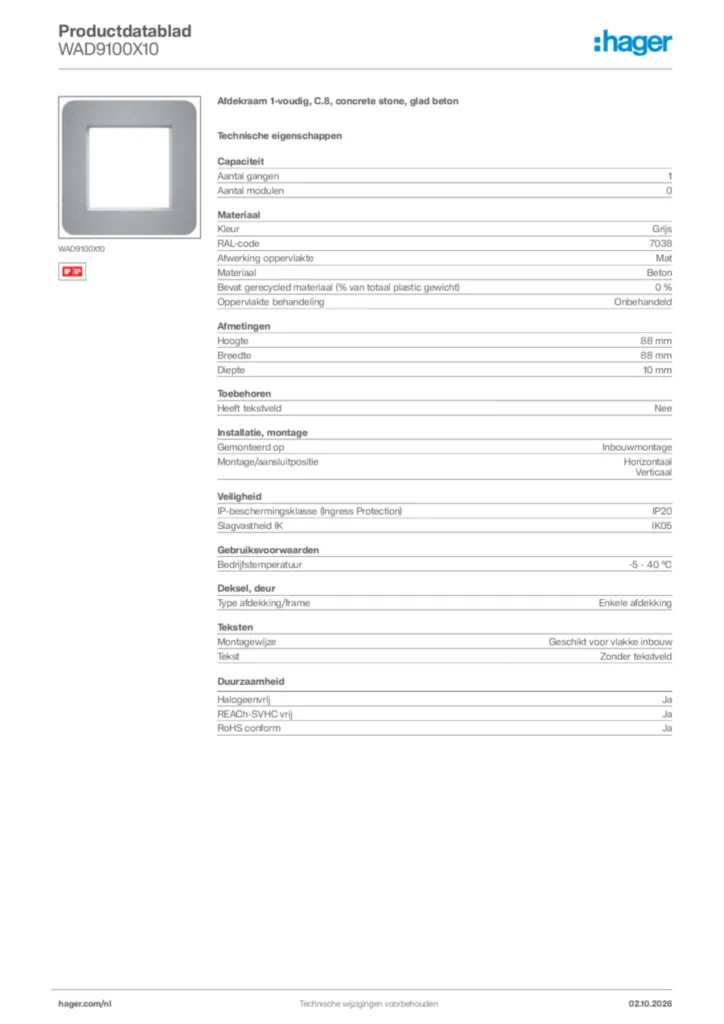 Afbeelding Hager Productdatablad WAD9100X10 | Hager Nederland