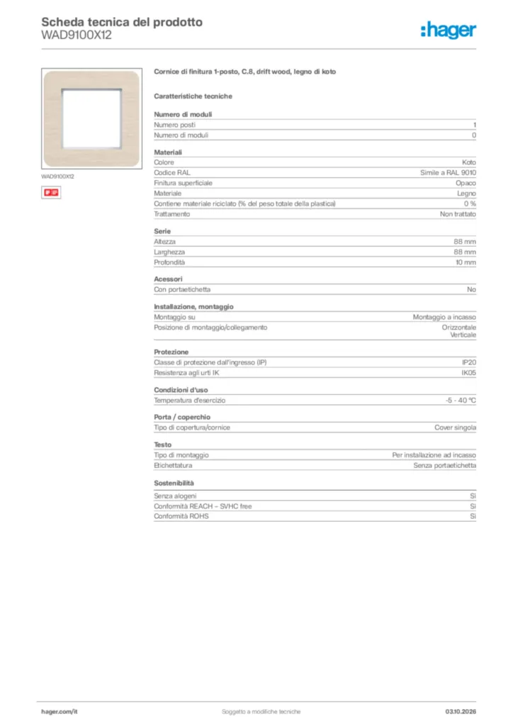 Immagine Hager Scheda tecnica del prodotto WAD9100X12 | Hager Italia