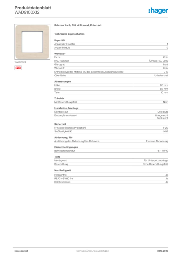 Bild Hager Produktdatenblatt WAD9100X12 | Hager Deutschland