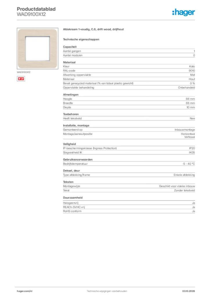 Afbeelding Hager Productdatablad WAD9100X12 | Hager Nederland