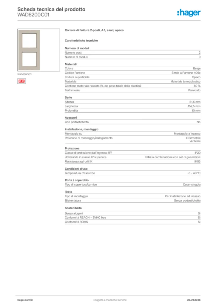 Immagine Hager Scheda tecnica del prodotto WAD6200C01 | Hager Italia