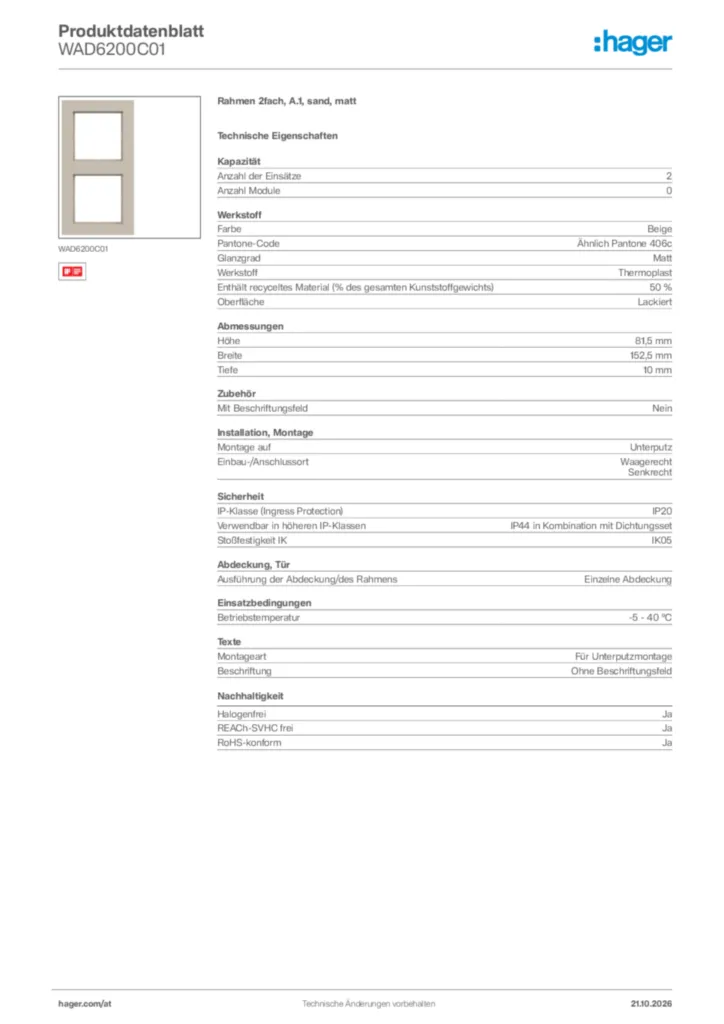 Bild Hager Produktdatenblatt WAD6200C01 | Hager Deutschland