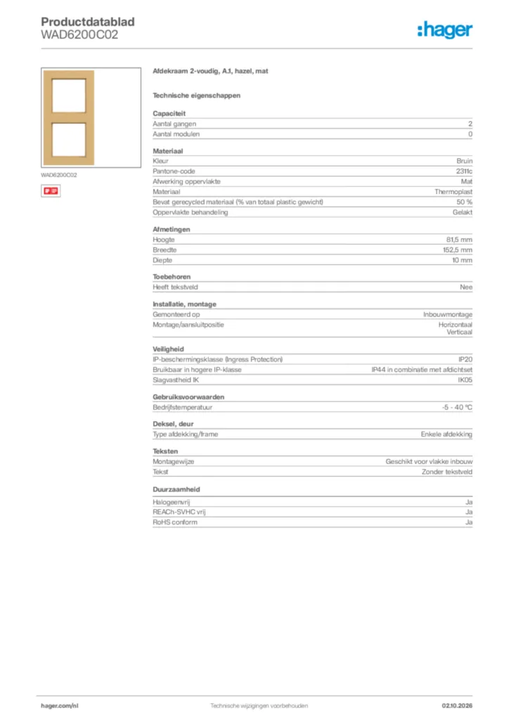Afbeelding Hager Productdatablad WAD6200C02 | Hager Nederland
