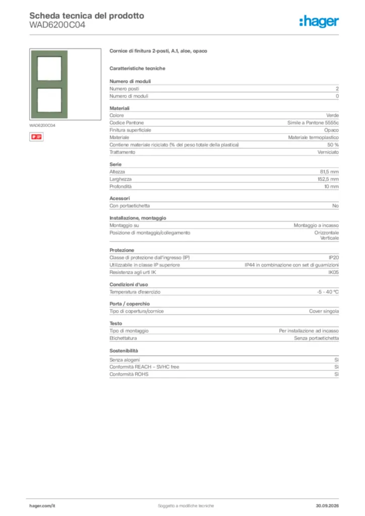 Immagine Hager Scheda tecnica del prodotto WAD6200C04 | Hager Italia