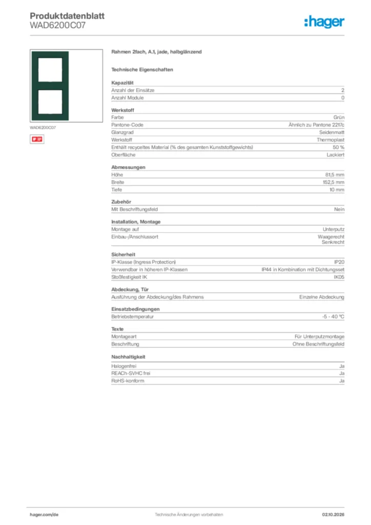 Bild Hager Produktdatenblatt WAD6200C07 | Hager Deutschland