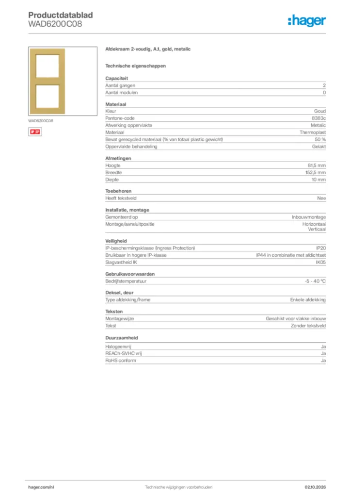 Afbeelding Hager Productdatablad WAD6200C08 | Hager Nederland