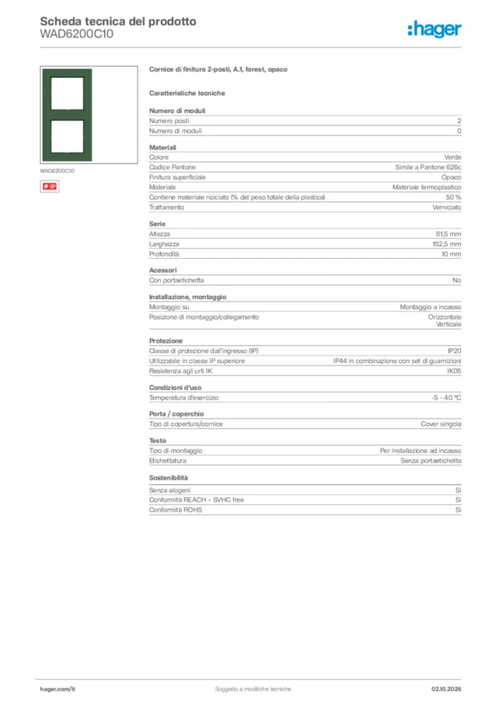 Immagine Hager Scheda tecnica del prodotto WAD6200C10 | Hager Italia
