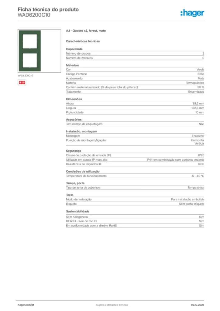 Imagem Hager Ficha técnica do produto WAD6200C10 | Hager Portugal