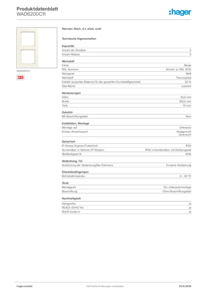 Bild Hager Produktdatenblatt WAD6200C11 | Hager Deutschland
