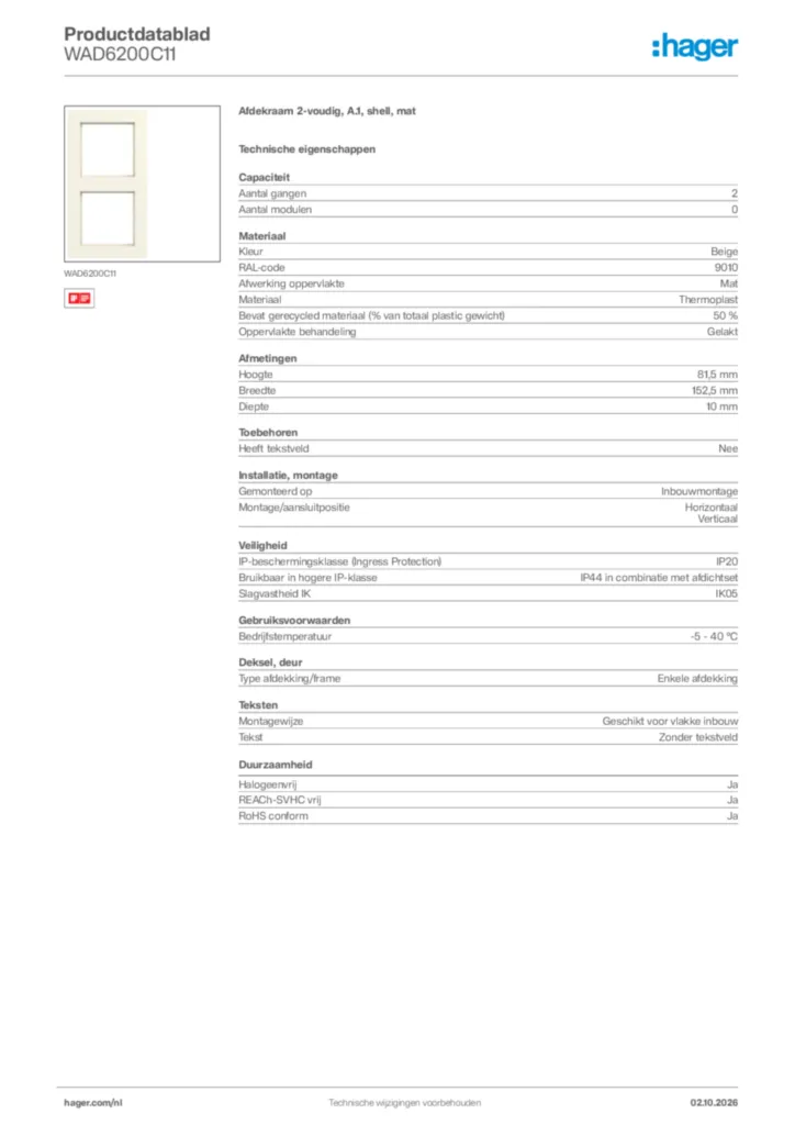 Afbeelding Hager Productdatablad WAD6200C11 | Hager Nederland
