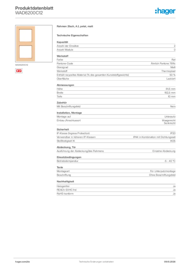 Bild Hager Produktdatenblatt WAD6200C12 | Hager Deutschland