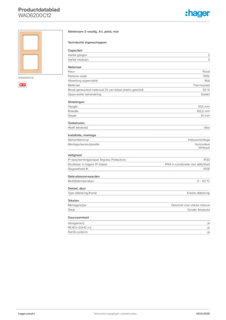 Afbeelding Hager Productdatablad WAD6200C12 | Hager Nederland