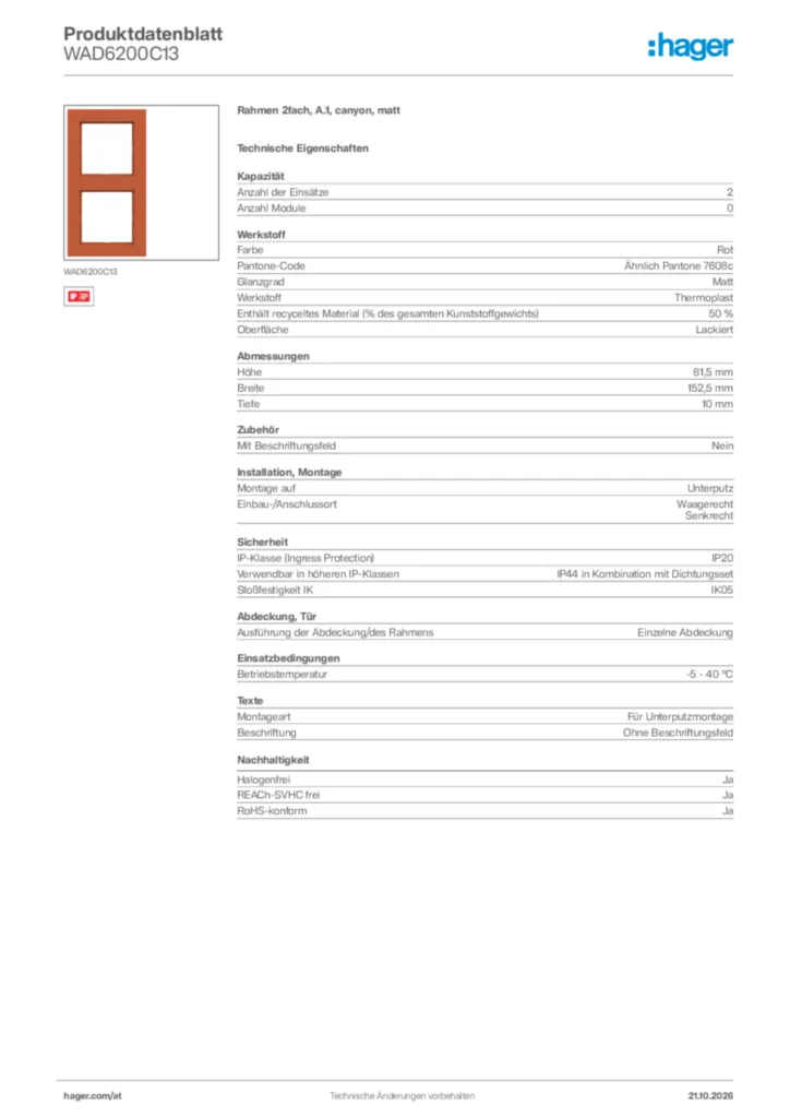 Bild Hager Produktdatenblatt WAD6200C13 | Hager Deutschland