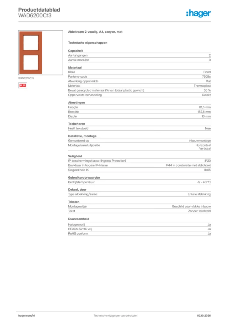 Afbeelding Hager Productdatablad WAD6200C13 | Hager Nederland
