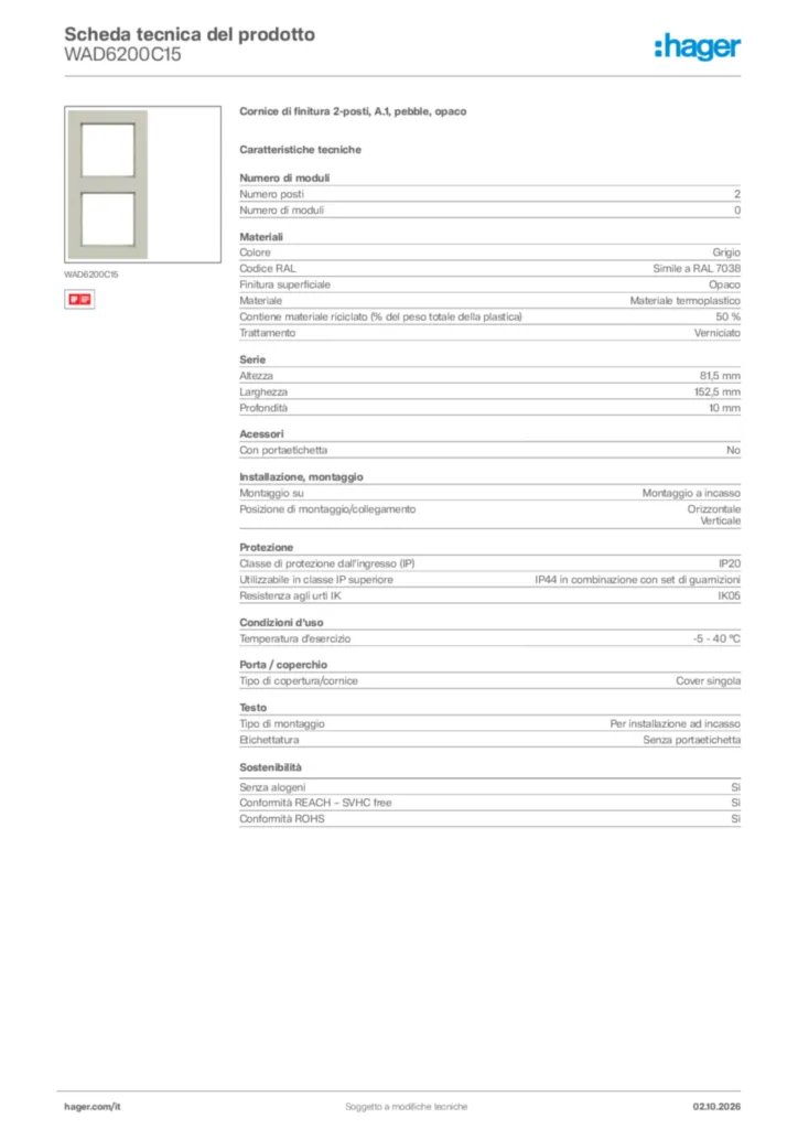Immagine Hager Scheda tecnica del prodotto WAD6200C15 | Hager Italia