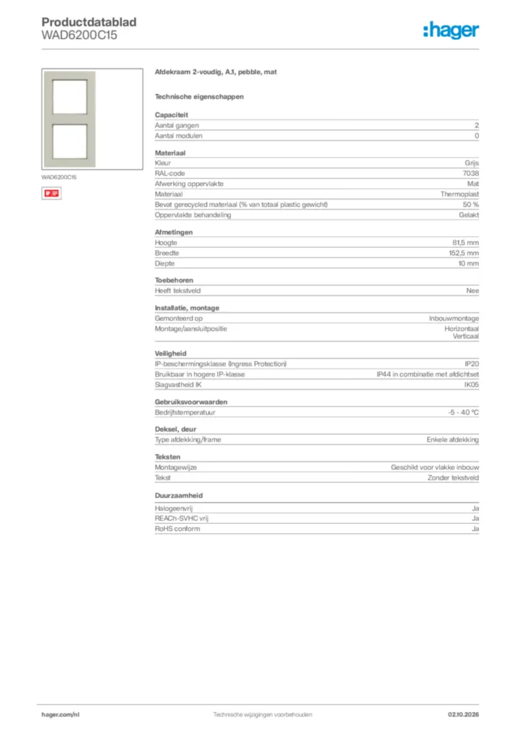Afbeelding Hager Productdatablad WAD6200C15 | Hager Nederland