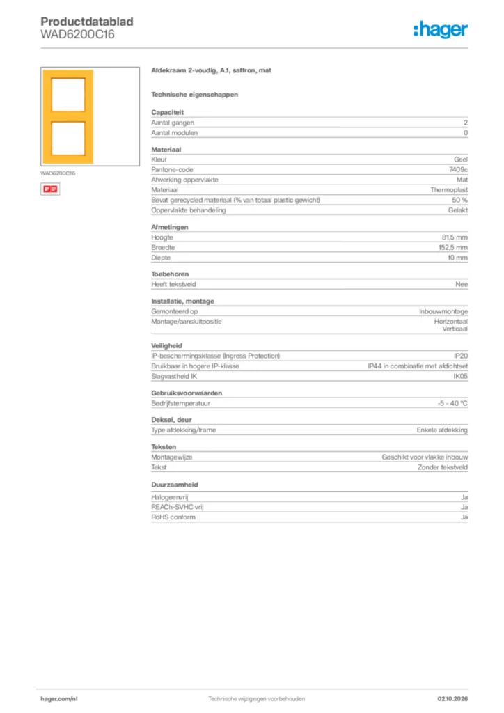 Afbeelding Hager Productdatablad WAD6200C16 | Hager Nederland