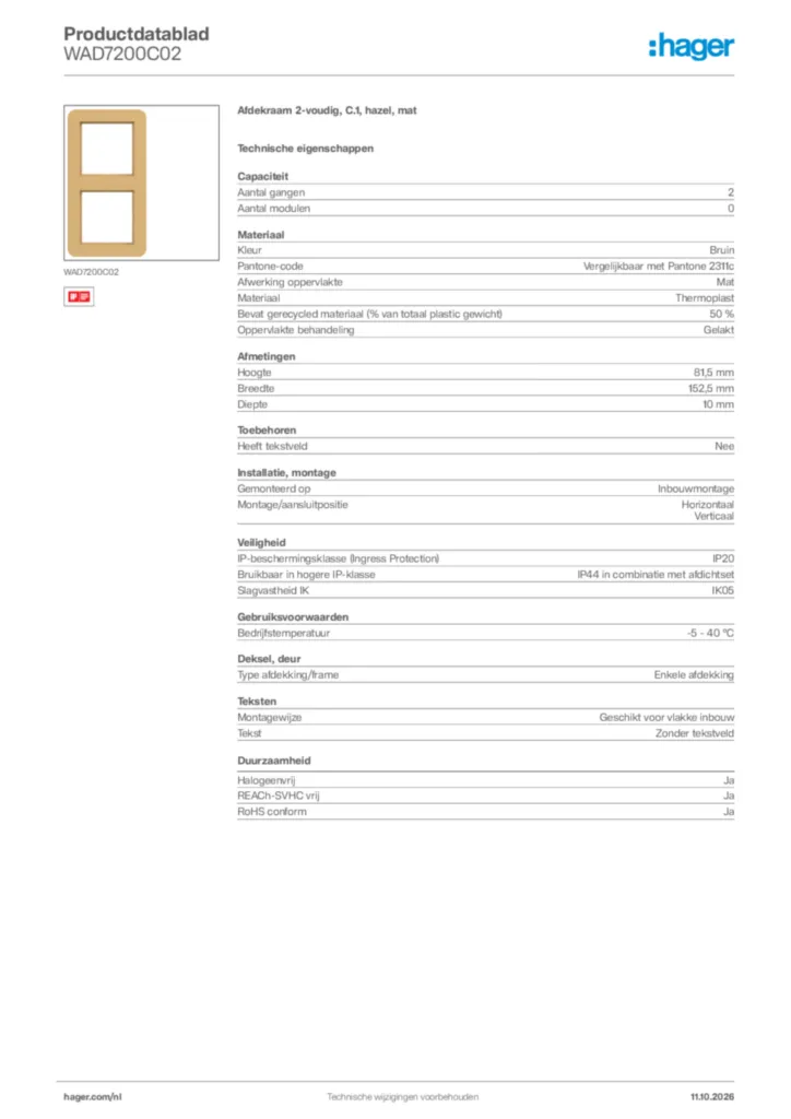Afbeelding Hager Productdatablad WAD7200C02 | Hager Nederland