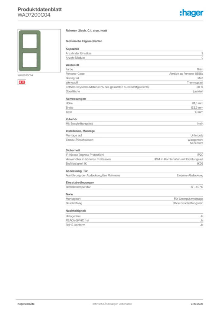 Bild Hager Produktdatenblatt WAD7200C04 | Hager Deutschland