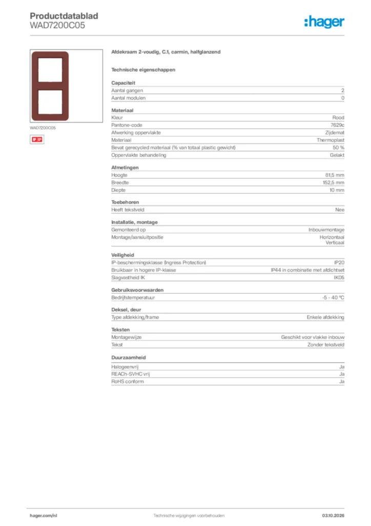 Afbeelding Hager Productdatablad WAD7200C05 | Hager Nederland