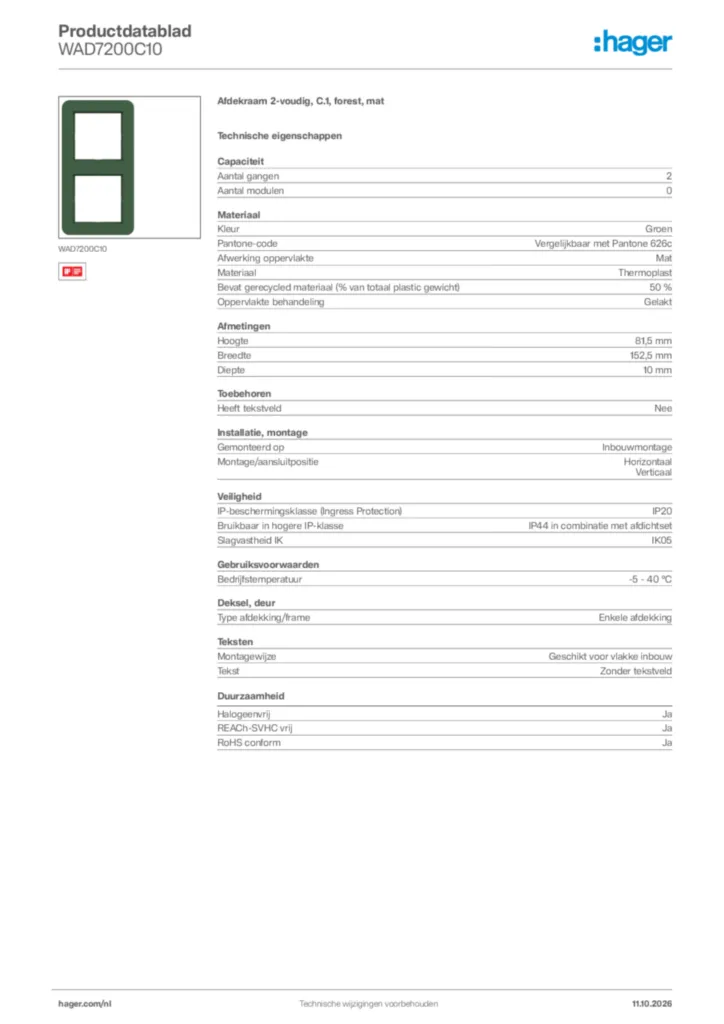 Afbeelding Hager Productdatablad WAD7200C10 | Hager Nederland