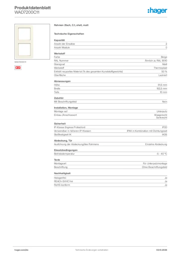 Bild Hager Produktdatenblatt WAD7200C11 | Hager Deutschland