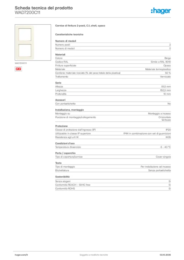Immagine Hager Scheda tecnica del prodotto WAD7200C11 | Hager Italia
