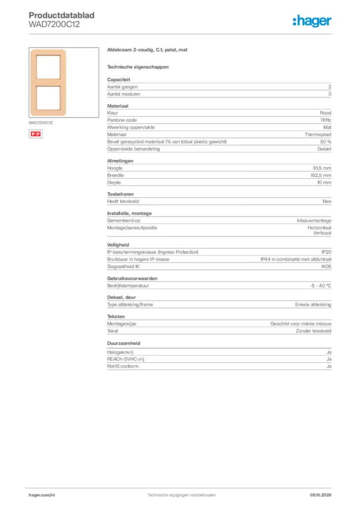 Afbeelding Hager Productdatablad WAD7200C12 | Hager Nederland