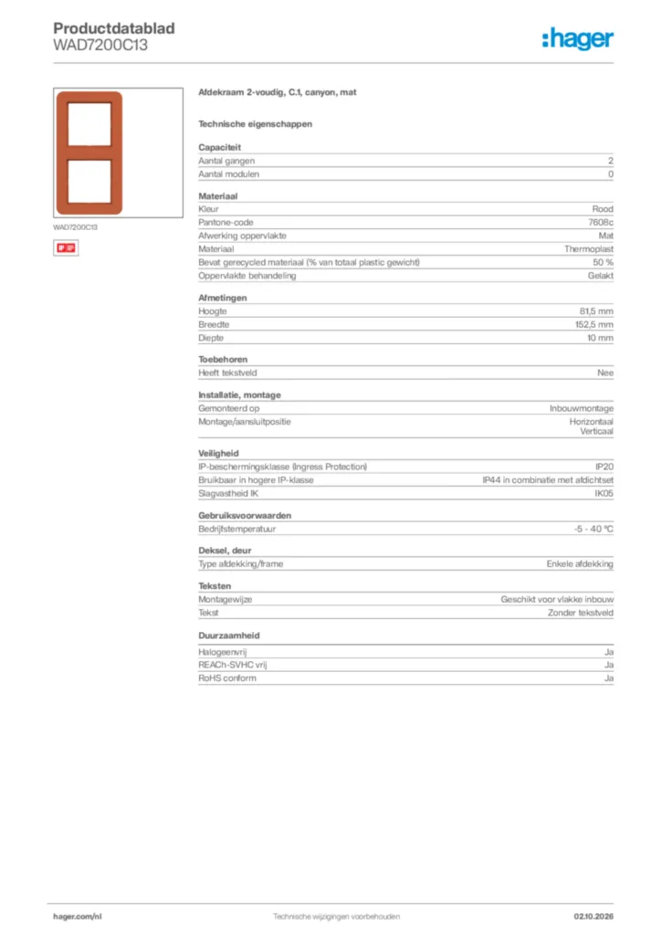 Afbeelding Hager Productdatablad WAD7200C13 | Hager Nederland
