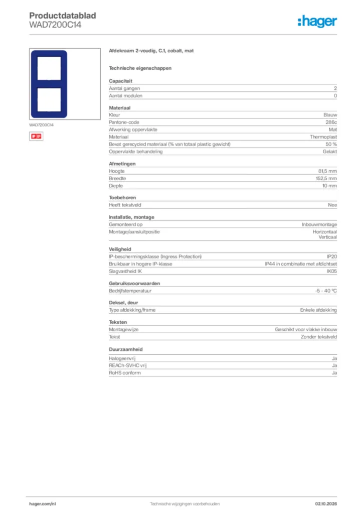 Afbeelding Hager Productdatablad WAD7200C14 | Hager Nederland