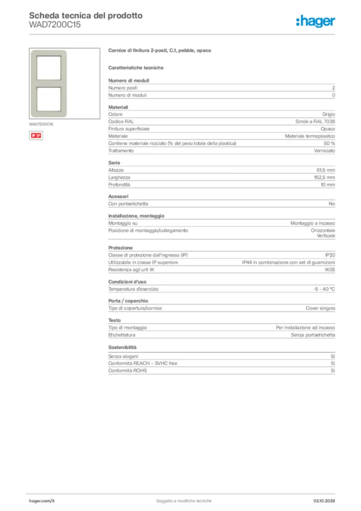 Immagine Hager Scheda tecnica del prodotto WAD7200C15 | Hager Italia
