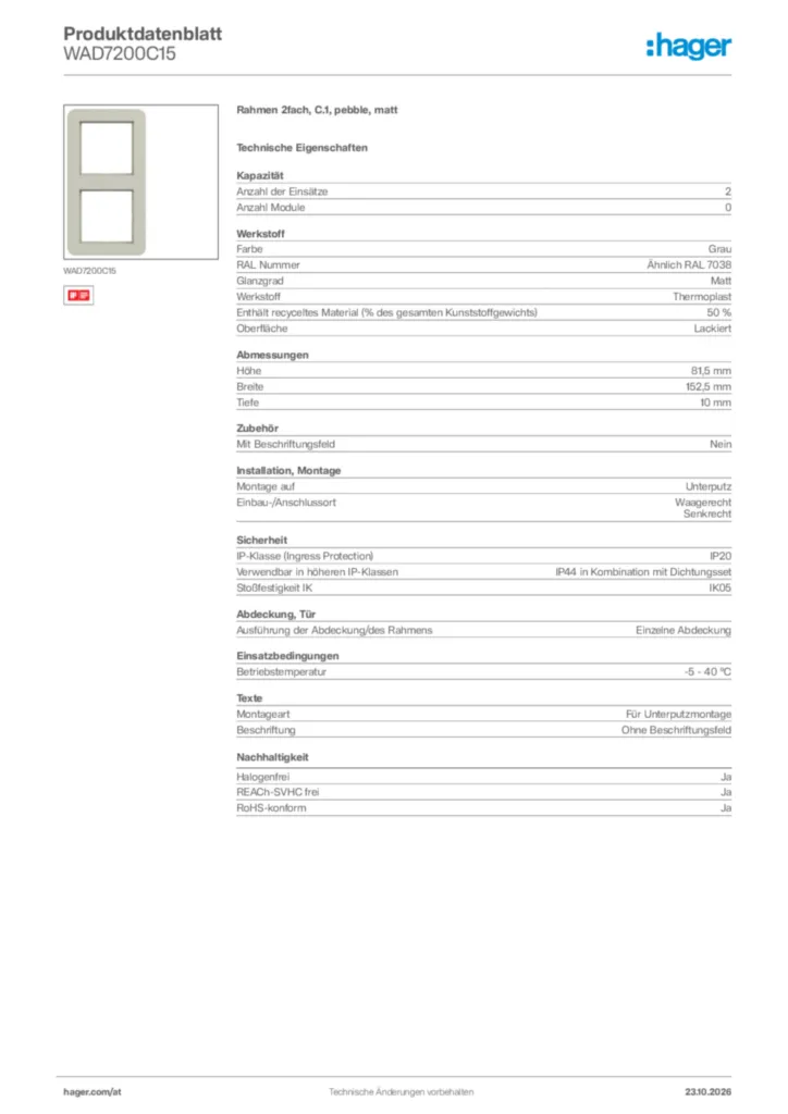 Bild Hager Produktdatenblatt WAD7200C15 | Hager Deutschland
