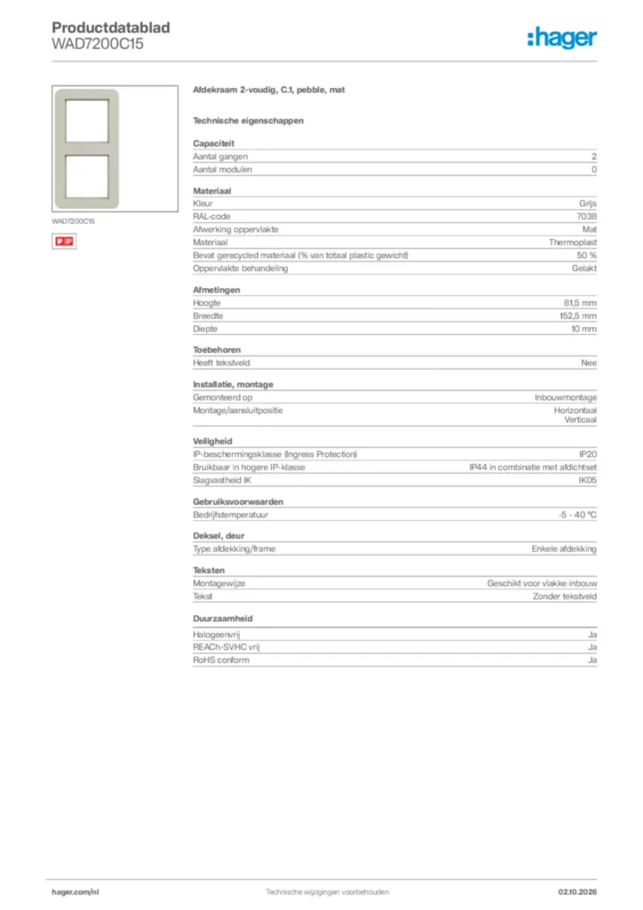 Afbeelding Hager Productdatablad WAD7200C15 | Hager Nederland