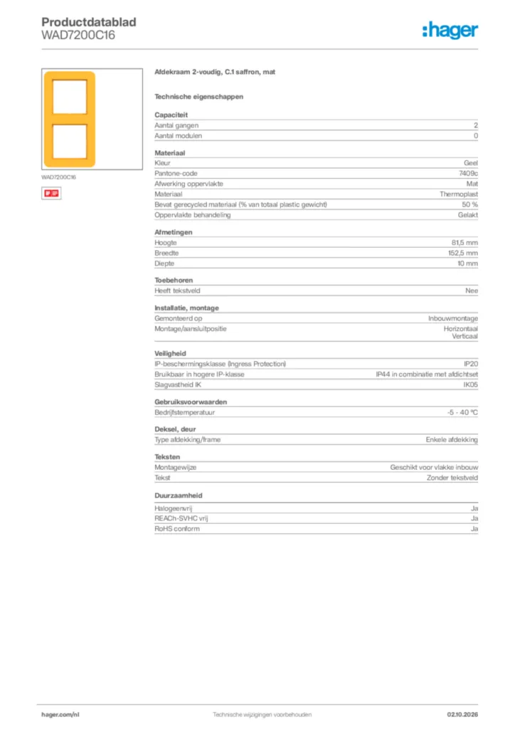 Afbeelding Hager Productdatablad WAD7200C16 | Hager Nederland