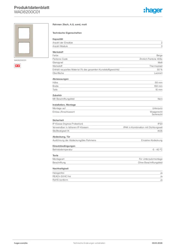 Bild Hager Produktdatenblatt WAD8200C01 | Hager Deutschland