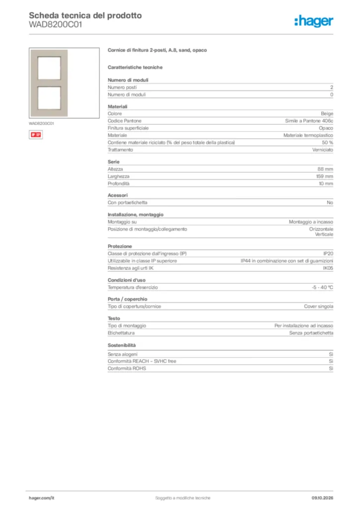 Immagine Hager Scheda tecnica del prodotto WAD8200C01 | Hager Italia