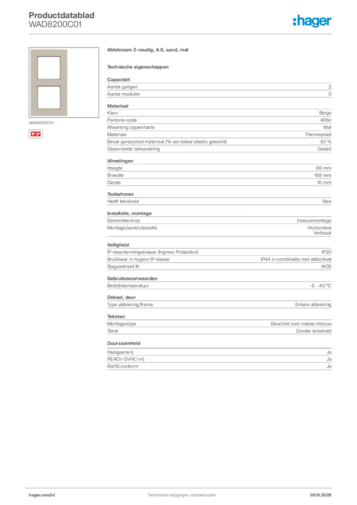 Afbeelding Hager Productdatablad WAD8200C01 | Hager Nederland