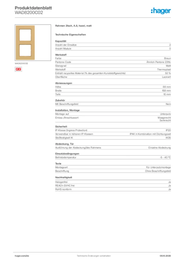 Bild Hager Produktdatenblatt WAD8200C02 | Hager Deutschland