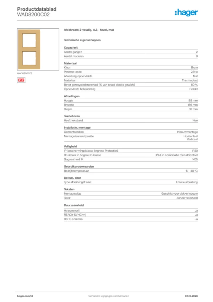 Afbeelding Hager Productdatablad WAD8200C02 | Hager Nederland